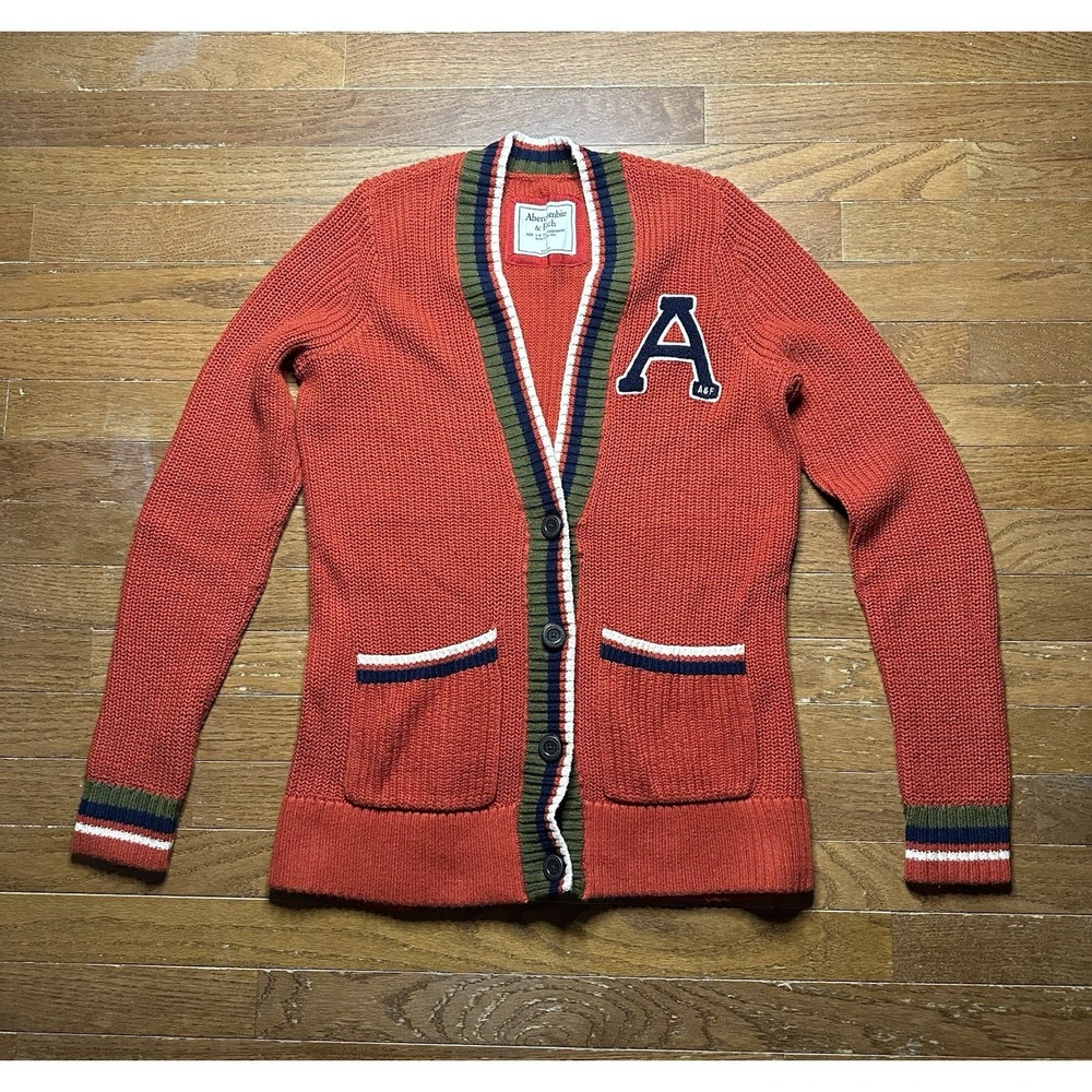 Abercrombie & Fitch Cardigan Varsity Letter Sweater Chunky Knit Women SM‎ Orange